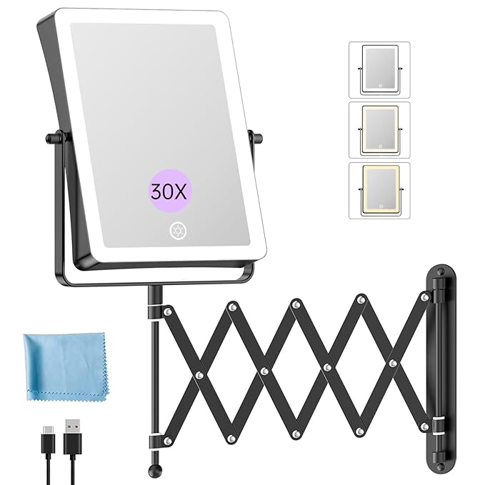 FASCINATE 5000mAh Rechargeable Wall Mounted Makeup Mirror with Lights, 8.7 Inch Double Sided Touch Switch 1X 30X Magnifying Bathroom Mirror, 3 Color Lights, Extended Arm 360°Rotation (Black)