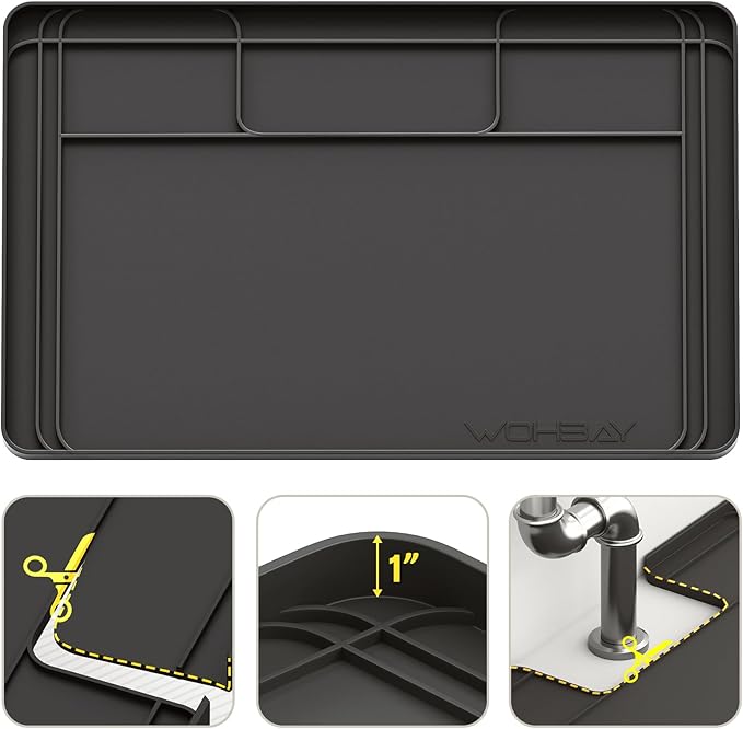 Wohbay Under Sink Mats for Kitchen Waterproof, Cut to Fit Under Sink Drip Tray for Kitchen Bathroom Cabinets, Silicone Sink Liner Hold Up to 3.3 Gallons Liquid, 34" X 22" Or Smaller (Black, Large)