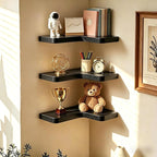Floating Corner Shelves, Wall Shelf Set of 3, Shelves for Wall Storage, Solid Wood Shelves for Storage, Wall Mount Wooden Display Shelf for Bathroom Bedroom Kitchen Garage (Black 3 Pcs)