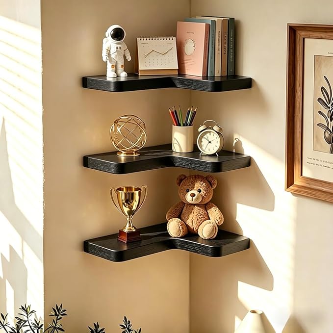 Floating Corner Shelves, Wall Shelf Set of 3, Shelves for Wall Storage, Solid Wood Shelves for Storage, Wall Mount Wooden Display Shelf for Bathroom Bedroom Kitchen Garage (Black 3 Pcs)