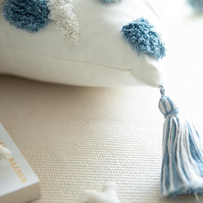 Set of 2 Cotton Woven Boho Throw Pillow Covers, Tufted Decorative Square Pillowcases Covers with Tassels for Couch Sofa Bed, Living Room Sofa, Farmhouse, 18x18 Inch Blue(2 pcs)