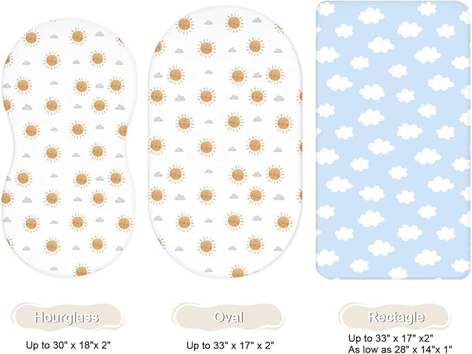 Bassinet Sheets for Baby Girls Boys 2 Pack, Fitted Baby Mattress Sheet for Rectangle, Oval, Hourglass Bassinet Mattress, Breathable Cozy & Universal Fit (Sunny Morning)
