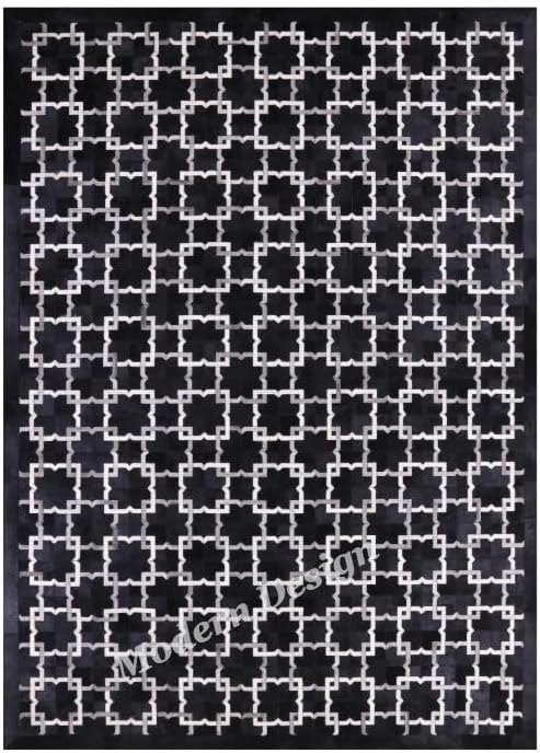 Modern Design Premium Cowhide Leather Carpet with Chevron Pattern, Area Rug (Black/Grey/White, 12x15)