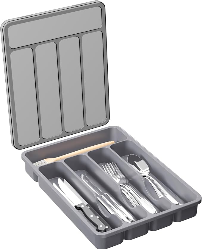 Lifewit Silverware Organizer with Lid, Covered Utensil Tray for Kitchen Drawer and Countertop, Plastic Cutlery and Flatware Storage Box for Spoons Forks Knives Holder Case, 23 x 32 cm, Gray
