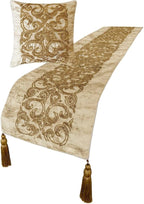 The HomeCentric King/Queen/Twin Gold Designer King 90"x18" Bed Runner with 2 Pillow Cover, Foil & Hand Beaded Embroidery Bed Scarf on Jacquard Fabric - Ornamento Oro