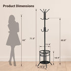 ELYKEN Coat Rack Freestanding, Metal Coat Rack Stand with Umbrella Holder, Modern Coat Tree with 12 Hooks, Floor Standing Corner Hall Tree for Entryway Living Room Bedroom Office, Black