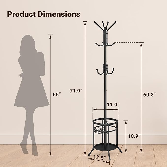 ELYKEN Coat Rack Freestanding, Metal Coat Rack Stand with Umbrella Holder, Modern Coat Tree with 12 Hooks, Floor Standing Corner Hall Tree for Entryway Living Room Bedroom Office, Black