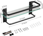 VOLPONE Bathroom Glass Shelf with Towel Bar Black Bathroom Shelf Wall Mount Rustproof Bathroom Wall Organizer Towel Rails1 Tier (Black)