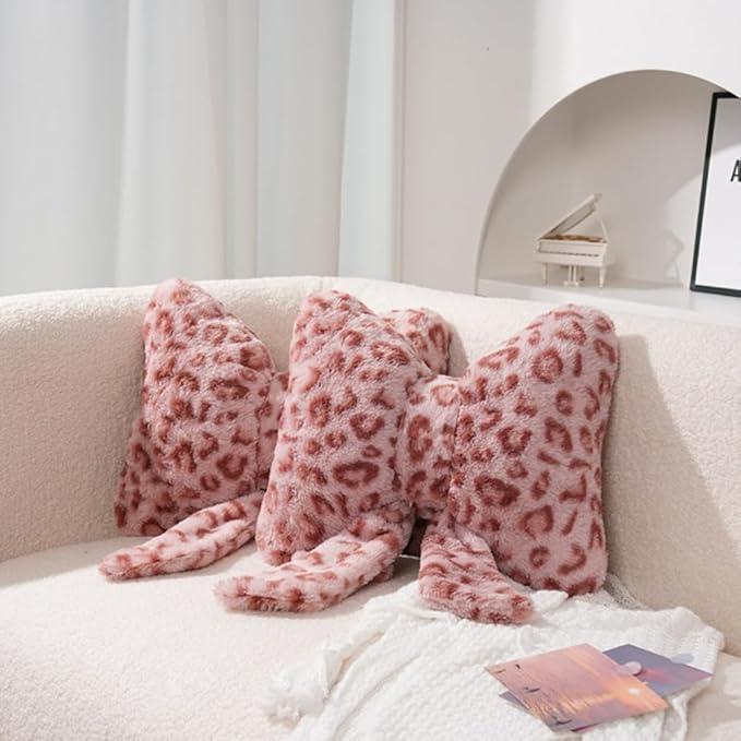 Leopard Print Bow Throw Pillows Cute Plush Pillow Stuffed Bow Backrest Cushion Home & Car Decoration