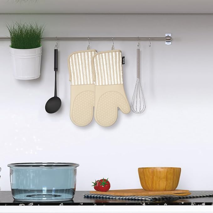 Alselo Silicone Oven Mitts Heat Resistant 932℉ with Waterproof & Non-Slip Kitchen Mittens, Set of 2 Extra Long Oven Gloves with Soft Cotton Terry Lining for Baking Cooking Barbecue (Khaki, 2)