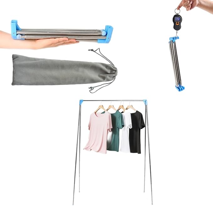 Lmaray Portable Travel Garment Rack, Stainless Steel Foldable Mini Drying Clothes Rack for Travel, Camping, Hotel Room, Laundry, Dance, Indoor, Outdoor (B-Longer & Thicker)