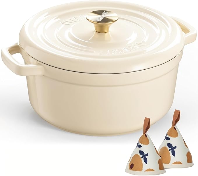 Overmont Enameled Cast Iron Dutch Oven - 5QT Pot with Lid Cookbook & Cotton Potholders - Heavy-Duty Cookware for Braising, Stews, Roasting, Sourdough Baking Cream white