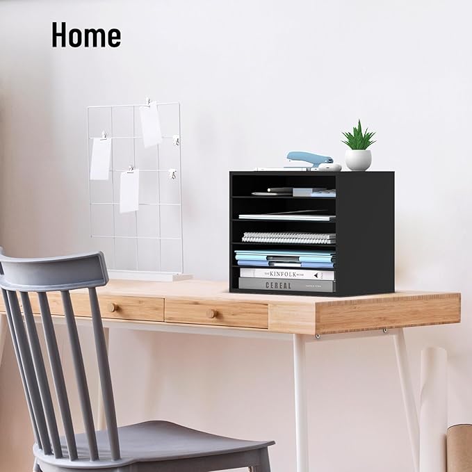5-Tier Wood Desk Organizer, Paper Tray Organizer for Desk with Adjustable Storage Shelves, Desktop File Organization Paper Sorter Mail Holder for Office Home Classroom, Black