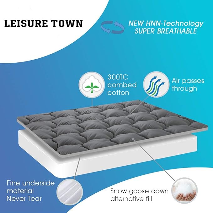 LEISURE TOWN Queen Mattress Pad Fitted Quilted Cotton Mattress Cover Cooling Soft Pillow Top Mattress Topper with Down Alternative Filling Mattress Protector with 8-21 Deep Pocket (60x80 Inche Grey)