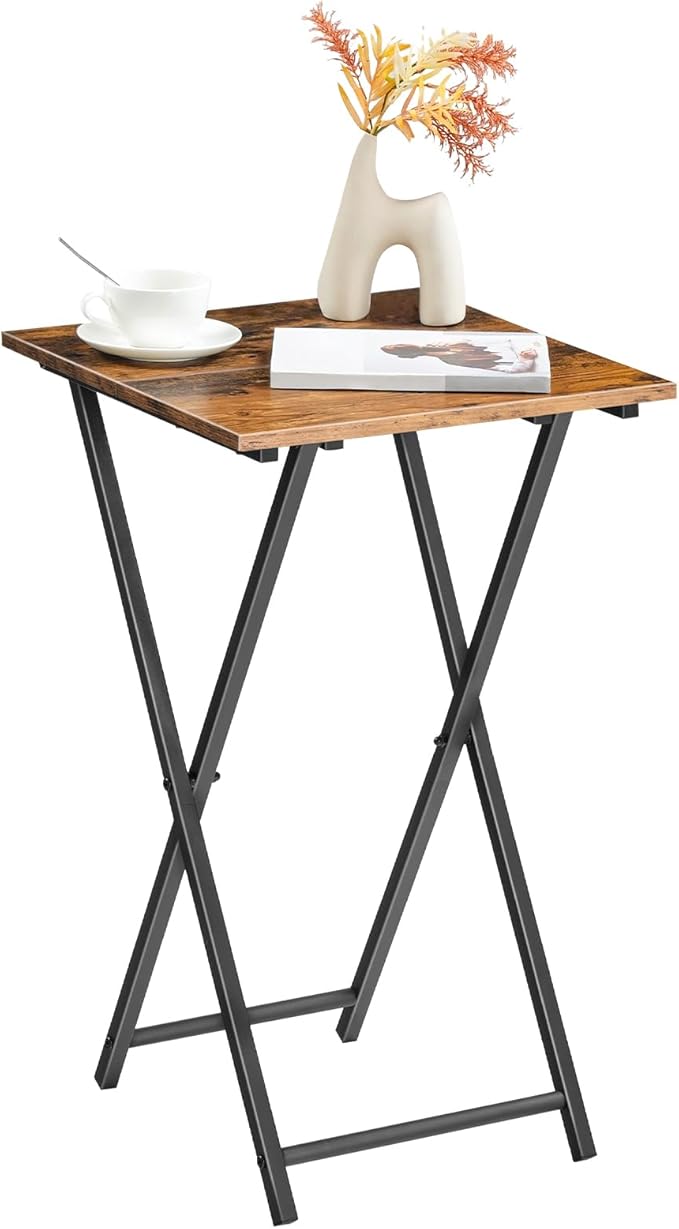 HOOBRO Folding TV Tray Tables, Set of 2 Wooden TV Trays Side Tables, Portable Sofa Snack Table, Industrial End Table for Small Spaces, Easy to Install and Fold, Rustic Brown and Black BF27BZP201