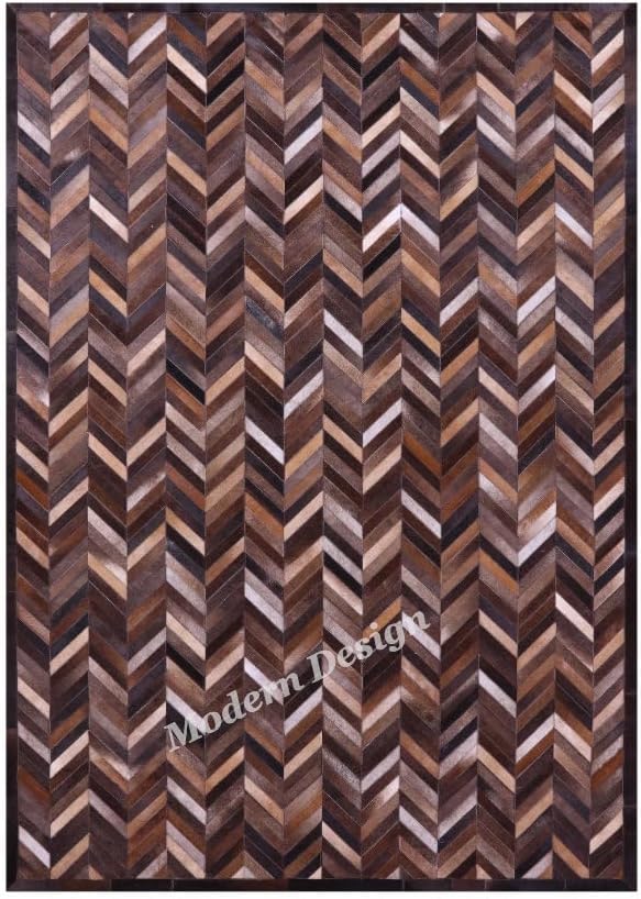 Modern Design Premium Cowhide Leather Carpet with Chevron Pattern, Area Rug (Natural Multi Brown, 9x15)