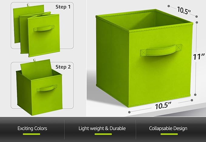 Sorbus Foldable Storage Cubes - 6 Fabric Baskets for Organizing Pantry, Closet, Shelf, Nursery, Playroom, Toy Box, Cubby - 11 Inch Dual Handle Collapsible Closet Organizers and Storage Bins (Green)