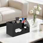 Leather Nightstand Organizer with Tissue Holder,Square Tissue Box Cover with Organizer, Decorative Modern Facial Paper Storage Box for Bathroom Living Room Vanity Table Countertop Office Black