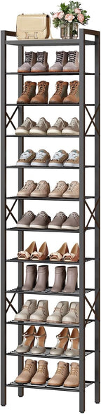 YATINEY 12-Tier Narrow Shoe Rack, Tall Shoe Rack for 12-24 Pairs, Slim Shoe Storage Organizer with Wooden Top, Space Saving, Metal Frame, for Entryway, Black SS61BB