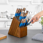 SENKEN 15-Piece Damascus Knife Block Set - "Tsunami" Collection Japanese Chef Knife Set - 67-Layer Japanese VG10 Steel Blades, Includes Chef Knife, Cleaver, 6 Steak Knives (Blue)