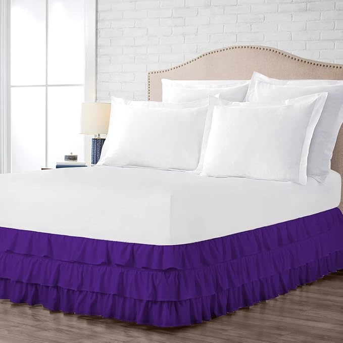 Multi-Ruffle Bed Skirt, Soft Multi Ruffle Bed Skirt Elastic Dust Ruffles with Wrap Around Bed Skirt Easy Fit with 18 Inch Drop 100% Cotton 800 Thread Count Bed Skirt (California King, Purple)