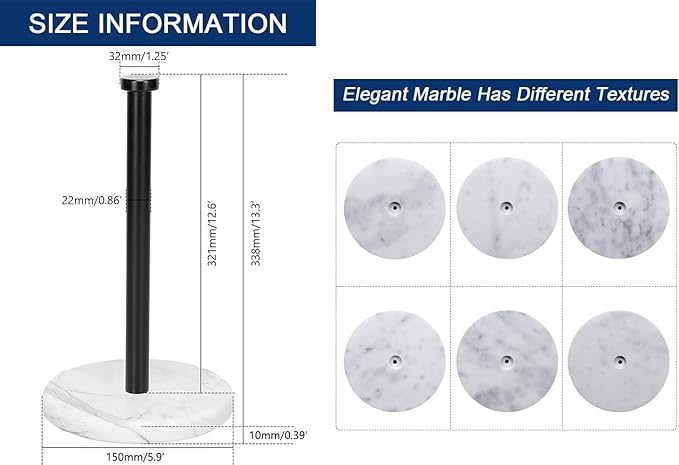 NearMoon Standing Paper Towel Holder, Kitchen Paper Towel Tissue Holder- for Bathroom Countertop, Standard or Jumbo-Sized Roll Paper (with Marble Base, Matte Black)