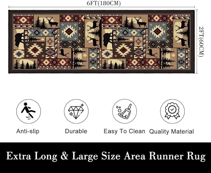 Rustic Cabin Wildlife Long Runner Rug 2x6 Throw Rug,Buffalo Plaid Bear Moose Deer Country,Vintage Area Rug Washable Hallway Rugs Non-Slip Floor Carpet Runner for Bedroom Laundry Room Entrance Door Mat