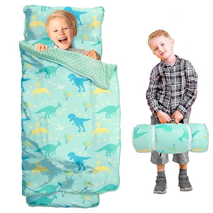 Toddler Nap Mat with Pillow and Minky Blanket, Large 55"x35" Sleeping Bag, Washable, Lightweight, Easy to Roll, Perfect for Preschool, Daycare, Kindergarten, Travel, Boys and Girls(Dinosaur)