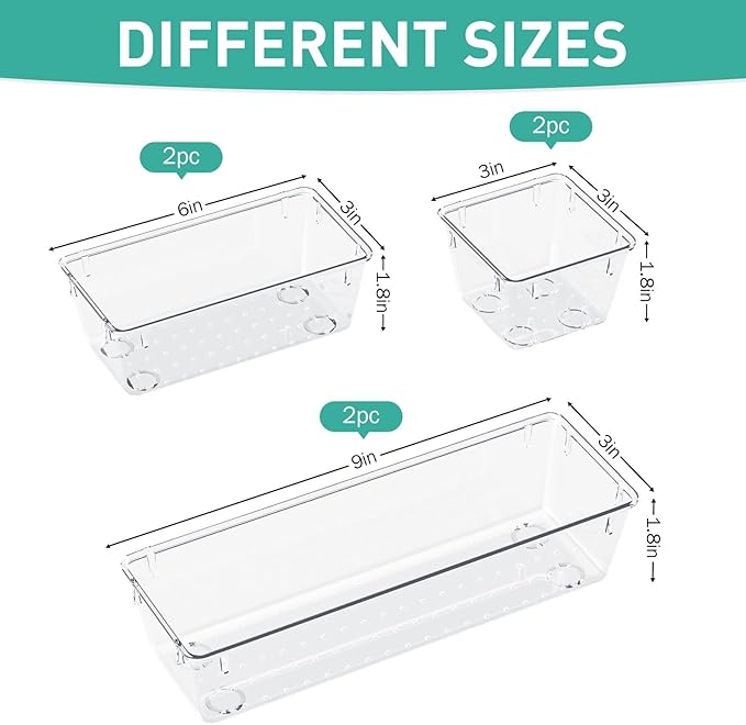 WOWBOX 6 Pack Clear Drawer Organizer Set, Acrylic Drawer Storage Trays, Storage Bins for Makeup, Cosmetics, Jewelries, Utensils, Gadgets, Office