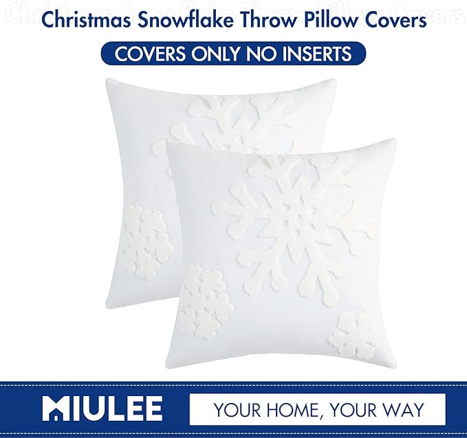 MIULEE Pack of 2 Christmas Decorative Snowflake Throw Pillow Covers Canvas Embroidery Winter Cushion Cases Holiday Decor Soft Pillowcases for Winter Couch Sofa Bedroom Car（White, 16x16in）