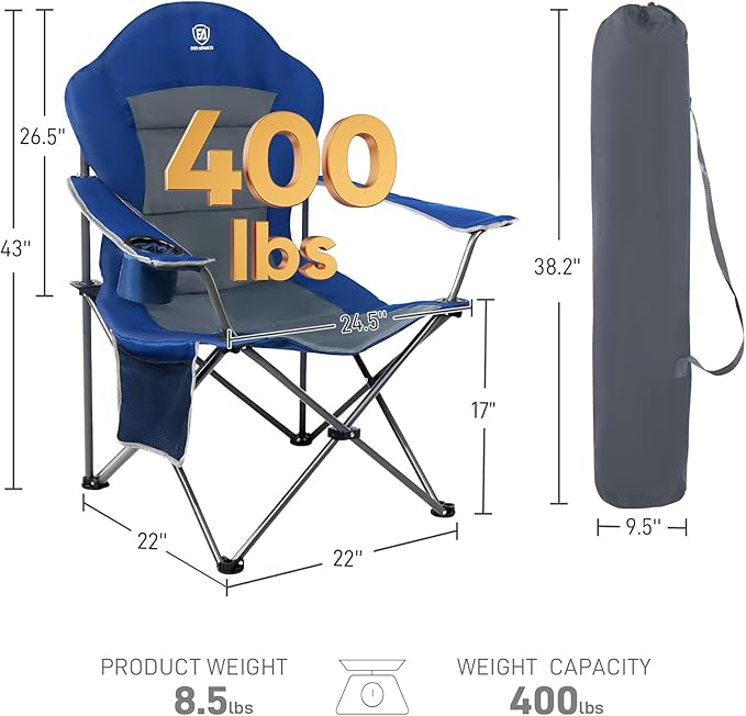 EVER ADVANCED Folding Camping Chair with High Back Padded 2 Pack Oversized Portable Lawn Chairs Lightweight Sturdy Steel Foldable Outdoor Camp Chair for Adults,Grey