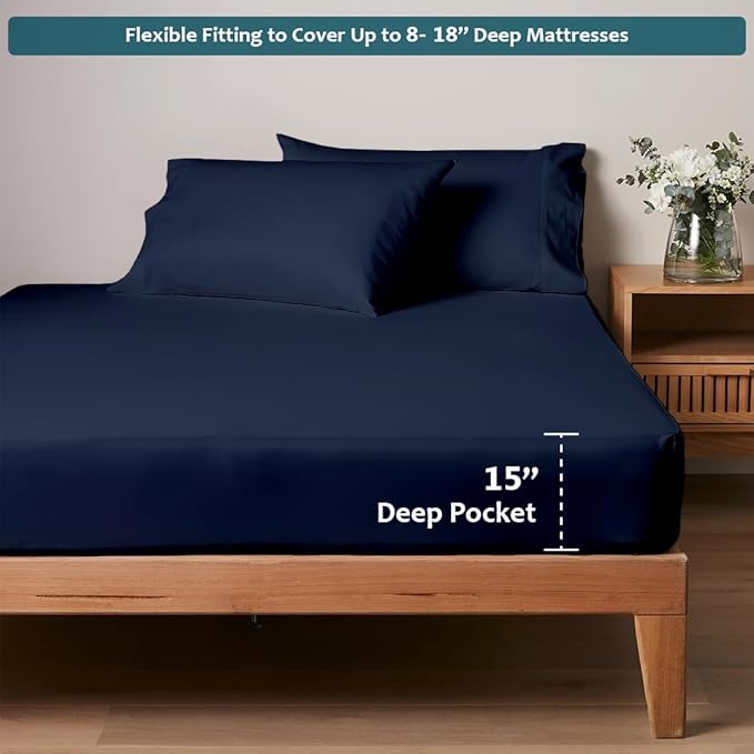 Deep Pocket King Sheets Set - Luxury 338 Thread Count Sateen, 100% Cotton Sheets with All Around Elastic for a, Hotel Quality Bedding Set (Navy Blue Solid)