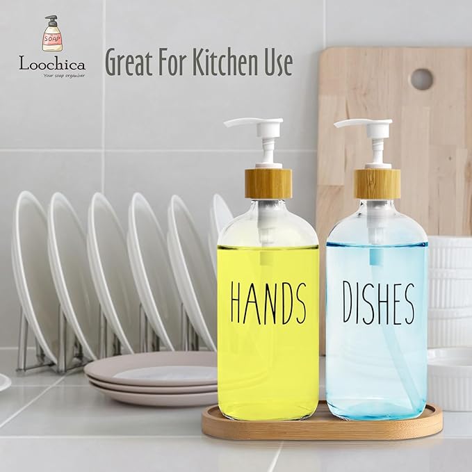 LOOCHICA Clear Glass Soap Dispenser Set with Tray, Transparent Dish and Hand Soap Dispenser Set, Refillable Reusable Apothecary Soap Pump Dispenser Bottles for Bathroom and Kitchen
