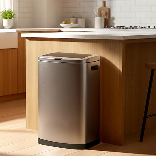 ELPHECO 13.2 Gallon Trash Can with Lid Motion Sensor, 50 Litre Brushed Stainless Steel Kitchen Trash Can Automatic with 10 Bags, Upgraded Silent-Closing, Fingerprint-Resistant, Kitchen, Office, Silver
