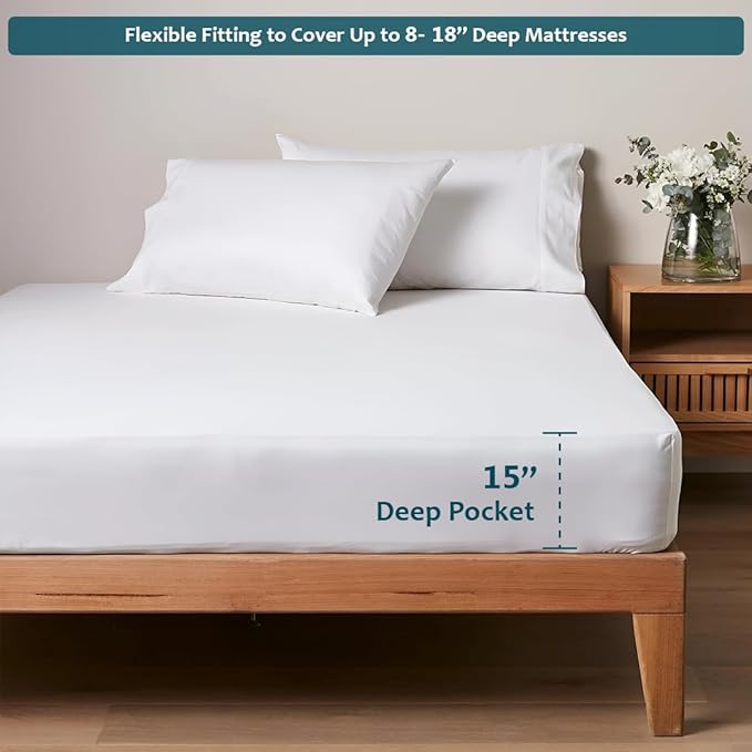 Full Size Bed Sheets Set - Luxury 338 Thread Count 100% Egyptian Cotton Sateen, Cooling Sheets, Deep Pockets with All Around Elastic for a, Hotel Quality Bedding Set (White Solid)