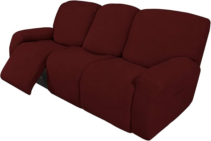 Easy-Going 8 Pieces Recliner Sofa Stretch Sofa Slipcover Sofa Cover Furniture Protector Couch Soft with Elastic Bottom Kids, Spandex Jacquard Fabric Small Checks Wine