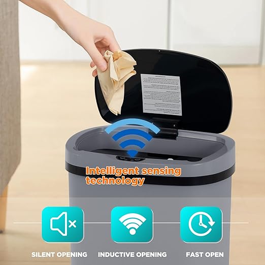PayLessHere | 13 Gallon Plastic Trash Can | Gray | Automatic Touchless Lid with Motion Sensor | Kitchen Garbage Can with Waterproof Design | for Home, Office, Bathroom | Pack of 1