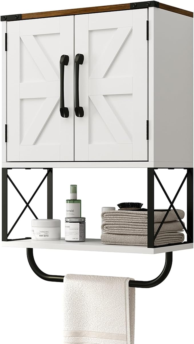 RUSTOWN Farmhouse Rustic Medicine Cabinet with Two Barn Door,Wood Wall Mounted Storage Cabinet w/Dark Brown Top & Adjustable Shelf and Towel Bar, 3-Tier Cabinet for Bathroom(White)