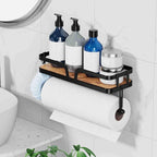 Taozun Paper Towel Holder Wall Mount, Kitchen Paper Holder Spice Rack Black Paper Towel Roll Holder RV Paper Towel Rack with 4 Hooks(2 Installation Methods - Self-Adhesive and Drilling)