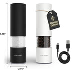 LARS NYSØM Electric Salt and Pepper Grinder Set I Automatic Salt and Pepper Mills with Adjustable Ceramic Grinder I USB Rechargeable Electric Spice Mill Set with LED Light (Black/White)