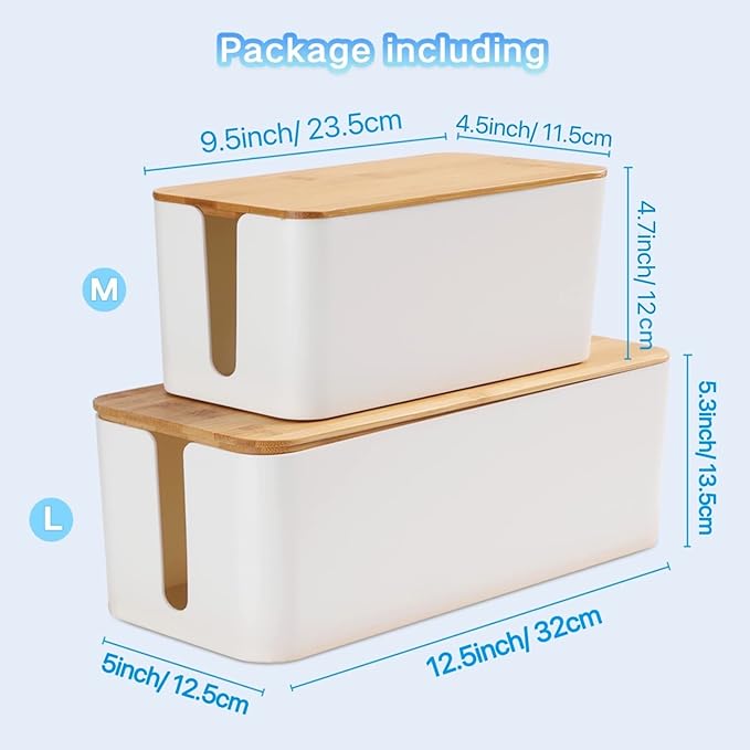 Cable Management Box Organizer, Set of 2 Bamboo Lid Large Storage Wire Holder to Conceal Hide Surge Protector, Power Strips Cord on Desk Floor, with 5 Cables Tape for Home Office Computer TV USB Hub