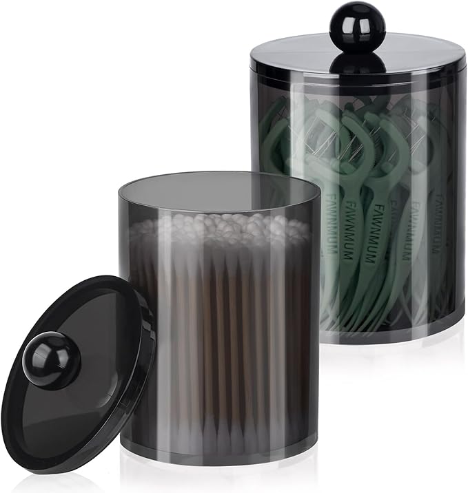 XIPENGKEJI 2 Pack Qtip Holder,Canister Apothecary Jar Set, Bathroom Jars with Lids Set for Cotton Swabs, Balls, Pads, Floss Picks,10oz-12oz Plastic Canisters Restroom Bedroom Vanity Organizer(Black)