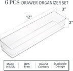 STORi SimpleSort 6-Piece Stackable Clear Drawer Organizer Set | 12" x 3" x 2" Rectangle Trays | Narrow Makeup Vanity Storage Bins and Office Desk Drawer Dividers | Made in USA