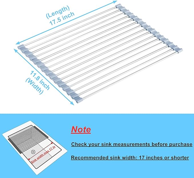 Seropy Roll Up Dish Drying Rack, Over The Sink Dish Drying Rack Kitchen Rolling Dish Drainer, Foldable Sink Rack Mat Stainless Steel Wire Dish Drying Rack for Kitchen Sink Counter Storage 17.5x11.8