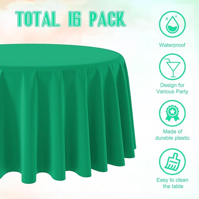 16 Pack Green Plastic Tablecloth for Round Tables, Premium Decorative Green Disposable Table Cloths for Parties, Round Party Table Cover for Birthday Anniversary Graduation Picnic Party, 84 Inch