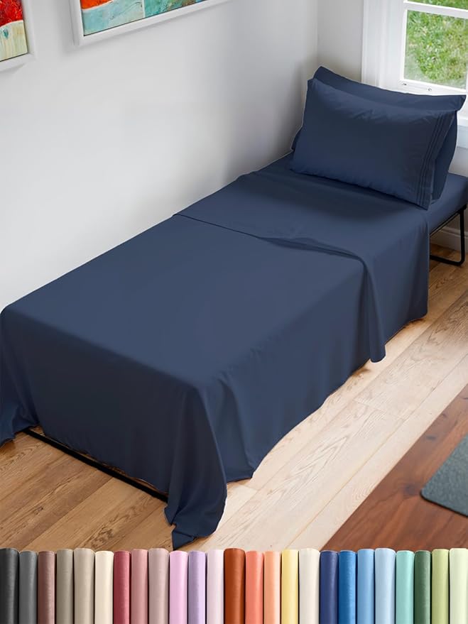 Cot Sheet Set 33” x 75” – 4 Piece Cot Size Twin Mattress Sheets – Ideal for Camper Bunk, RVs, Bunks, Day Care, Camping & Guest Beds - Fits 6” to 10” Mattress - Comdy, Breathable & Cooling - Navy Blue
