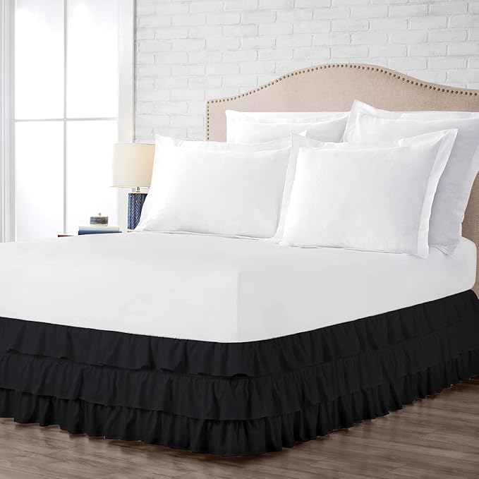 Multi-Ruffle Bed Skirt, Soft Multi Ruffle Bed Skirt Elastic Dust Ruffles with Wrap Around Bed Skirt Easy Fit with 18 Inch Drop 100% Cotton 800 Thread Count Bed Skirt (RV King, Black)