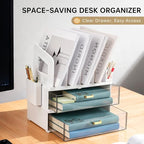CiWiVOKi White Desk Organizer with 4 File Holder Slots, 2 Clear Drawers & Dual Pen Holders, Sturdy Multi-Functional Desktop Storage for Home Office, Mail Sorter & Caddy