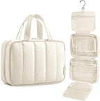 BAGSMART Travel Toiletry Bag for women, Portable Hanging Hook Makeup Bag Organizer, Waterproof Makeup Cosmetic Bag, for Full-Size Accessories, Toiletries, Beige