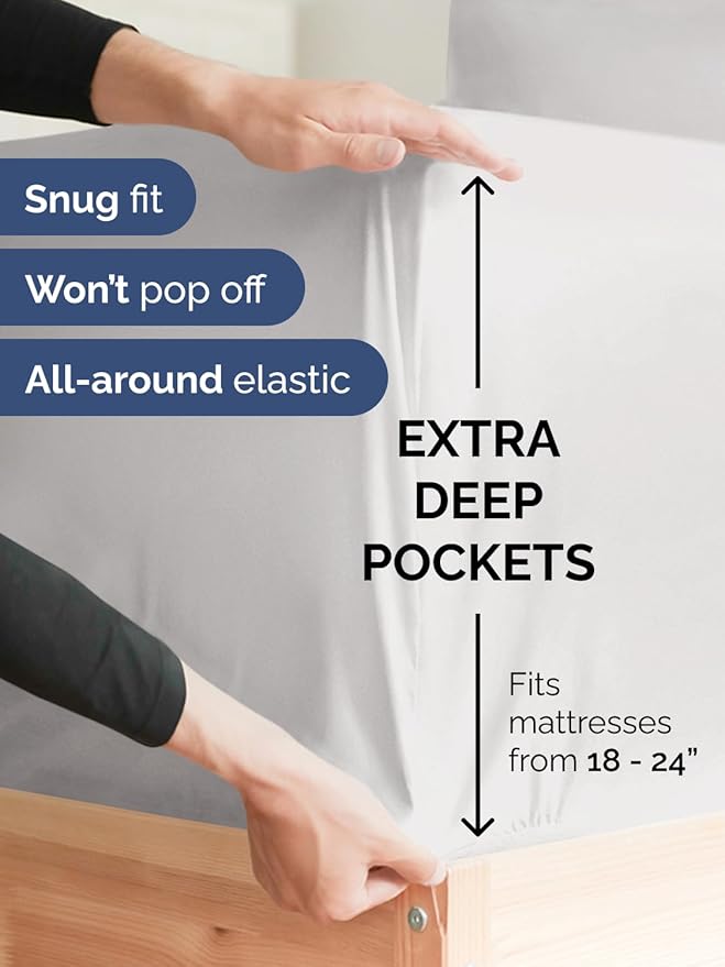 Extra Deep Full Fitted Sheet - Hotel Luxury Single Fitted Sheet Only - Easily Fits 18 inch to 24 inch Mattress - Ultra Soft, Wrinkle & Fade Free w/Extra Deep Pocket - Breathable & Comfy - French Grey